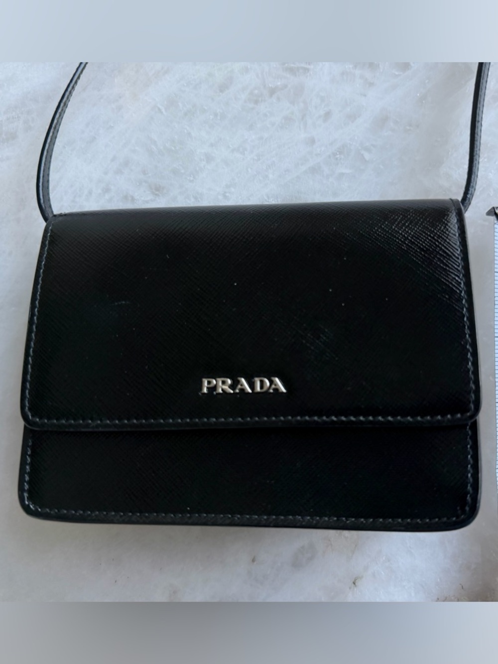 PRADA  Black Saffiano & Red Interior Leather Metal Crossbody Shoulder Bag Clutch - Picture 10 of 15